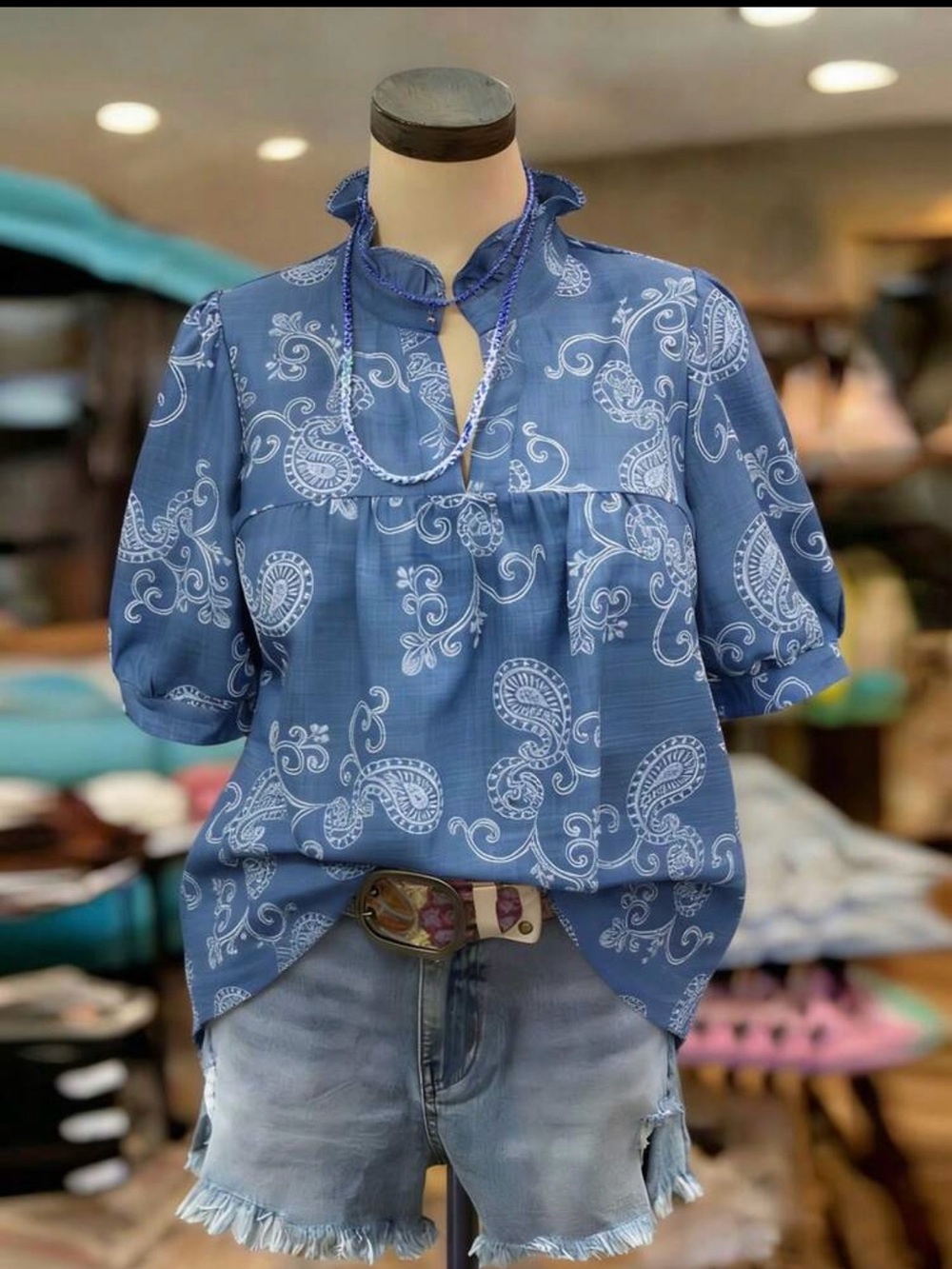 Blue Paisley Short-Sleeve Ruffled Neck Blouse